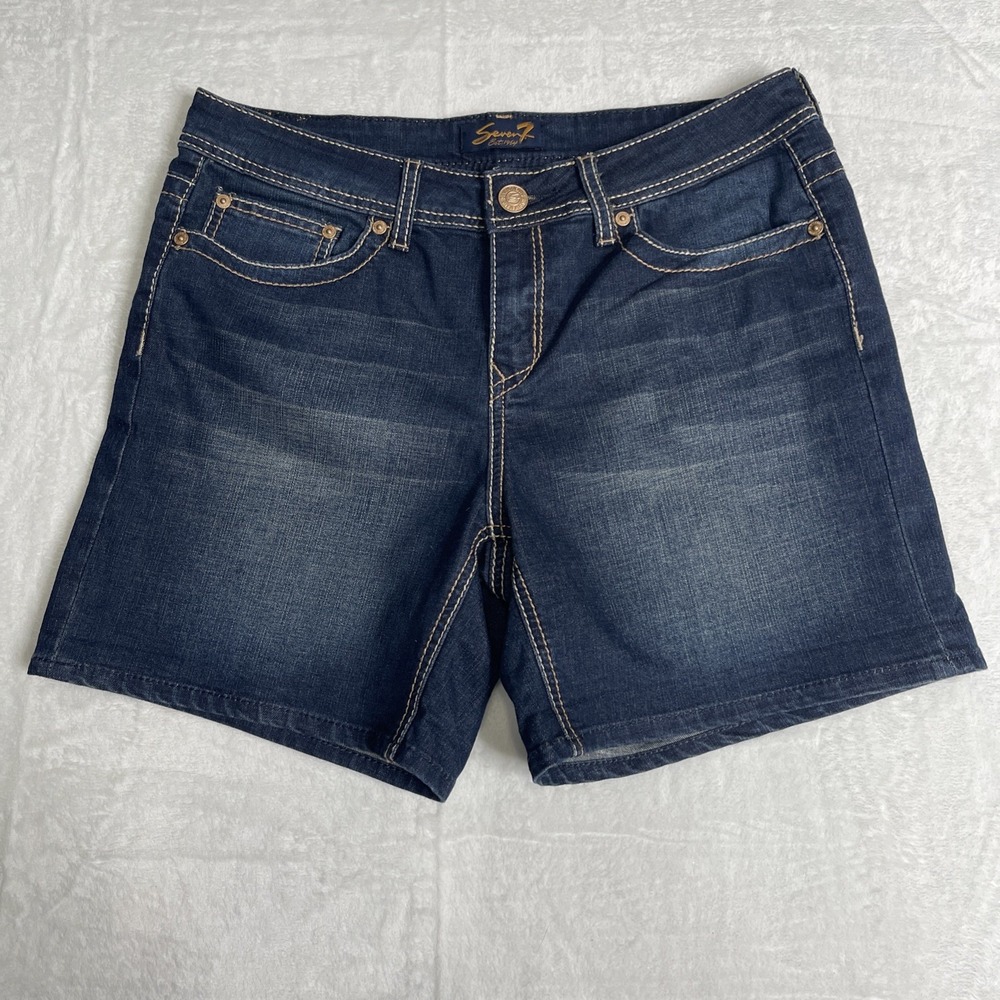 Seven7‎ Jean Shorts Size 12  Dark Denim Mid Length Embellished Pocket Casual